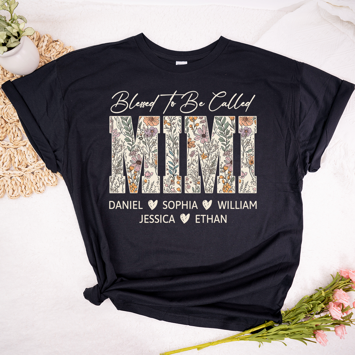 Personalized Blessed To Be Called Mimi Shirt, Custom Floral Grandma T Shirt for Mother’s Day