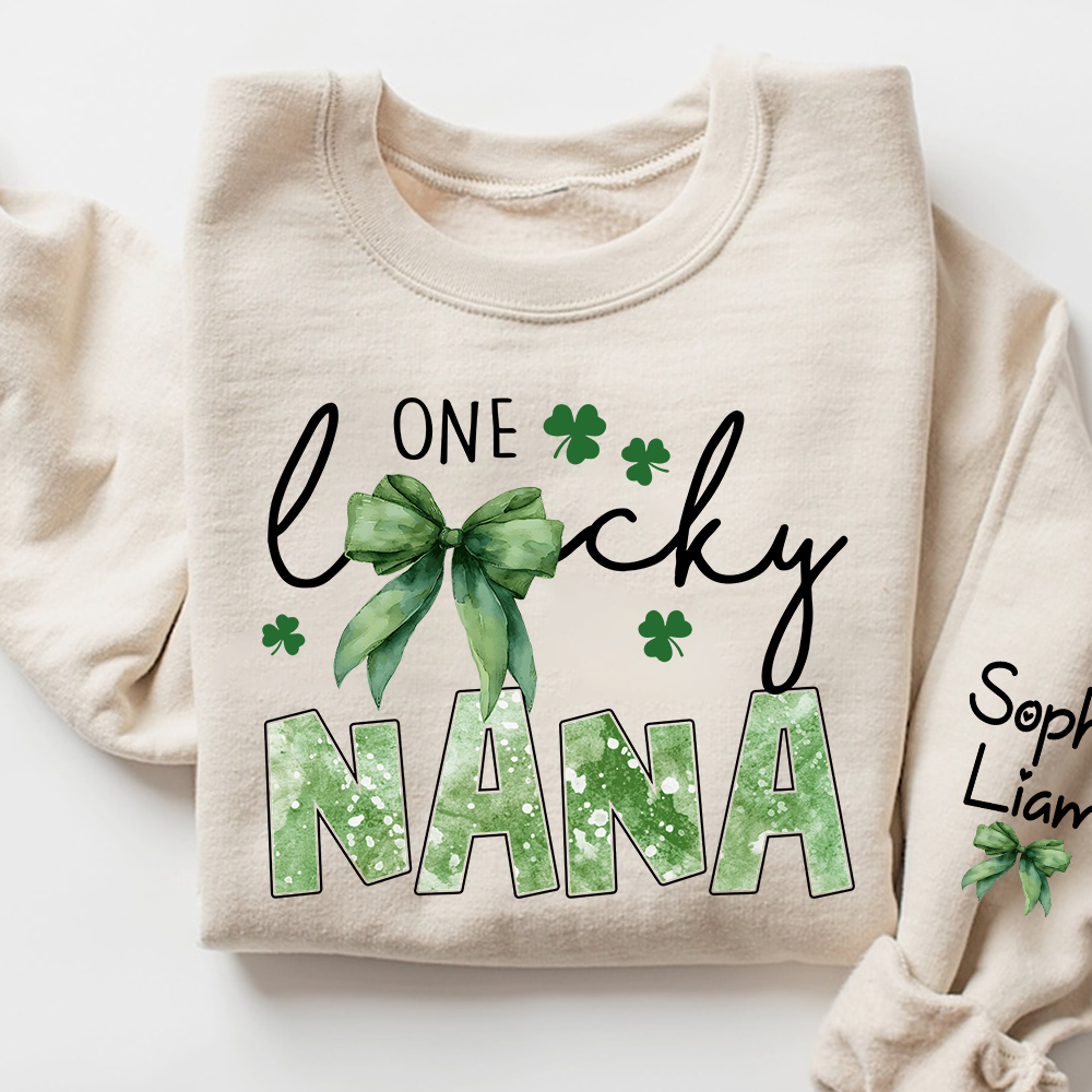 One Lucky Nana Sweatshirt for St Patrick’s Day, Personalized Grandma Shamrock Clover Sweatshirt with Kids Names