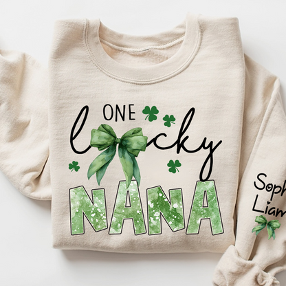 One Lucky Nana Sweatshirt for St Patrick’s Day, Personalized Grandma Shamrock Clover Sweatshirt with Kids Names