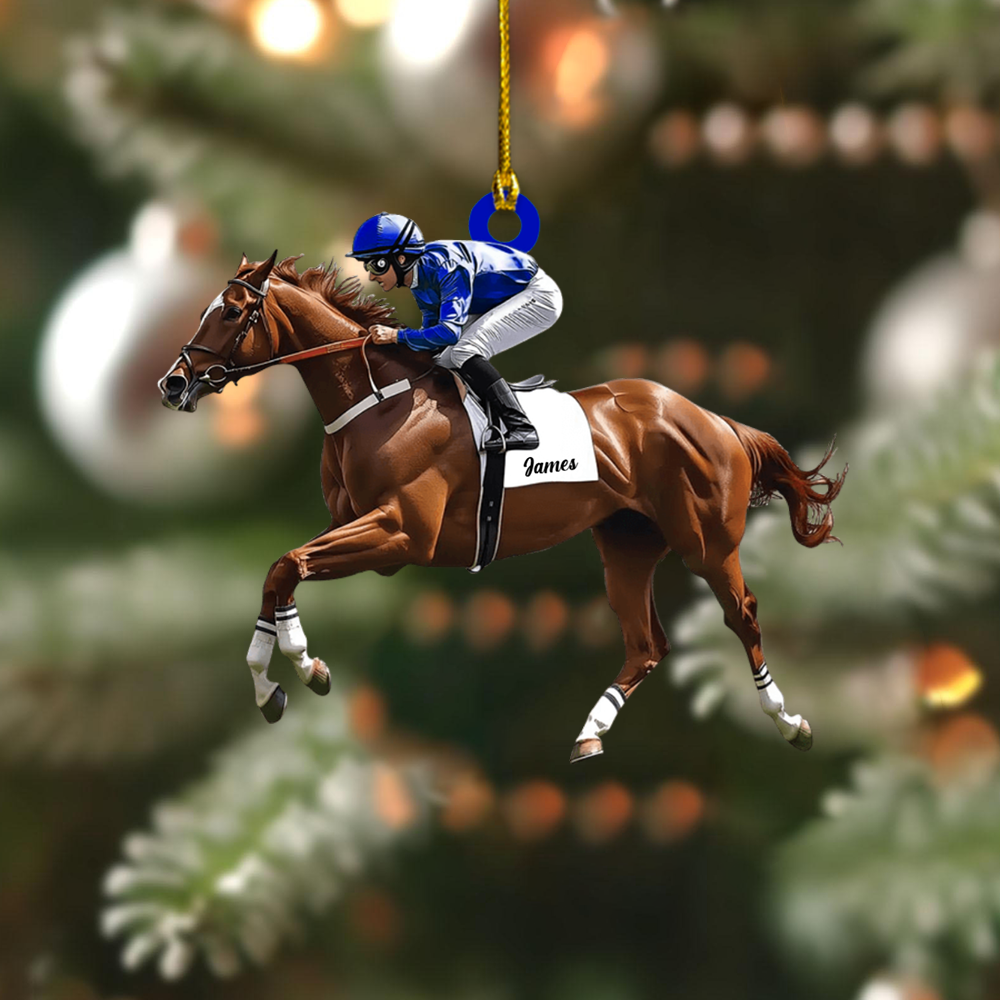 Personalized Horse Racing Ornament – Custom Name Jockey Riding Horse Christmas Decoration, Gift for Equestrian & Race Fans Ornament