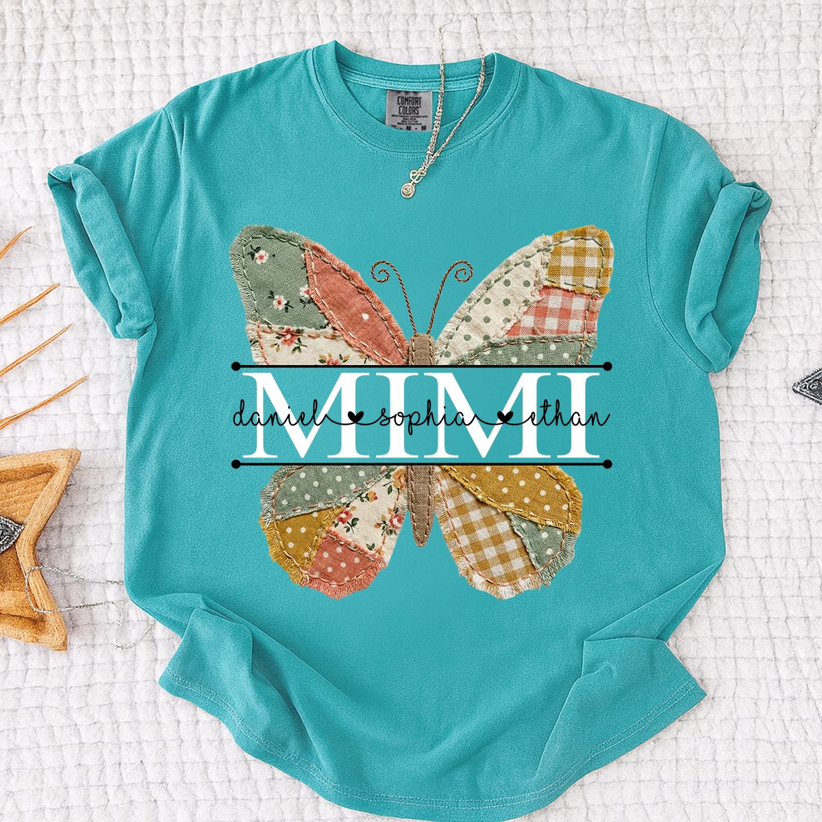 Comfort Mimi Butterfly Shirt, Custom Grandkids Names with Colorful Patchwork Butterfly Design