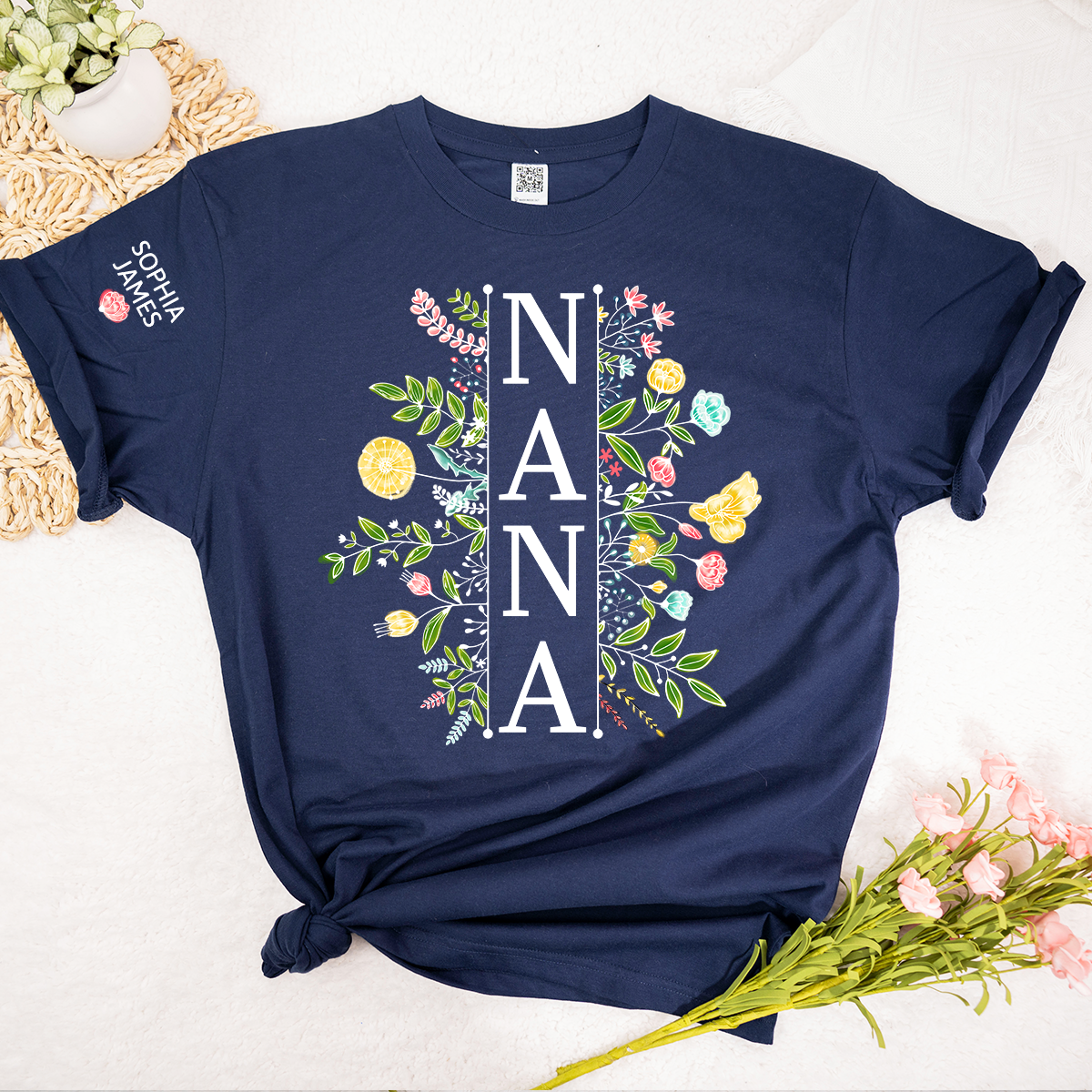 Custom Nana T Shirt with Colorful Floral Artwork, Personalized Gift for Grandma Featuring Kids Names