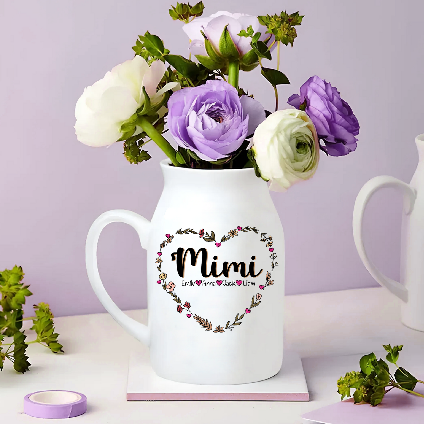 Heart Mimi Wildflowers And Kids - Custom Home Decoration Flower Vase According To Family Requirements - Warm Gift For Mother's Day, Ceramic Flower Vase