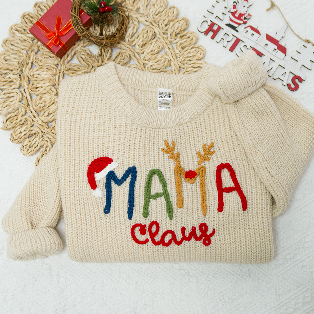 Custom Hand-Embroidered Christmas Knitted Sweater – Personalized Mama Claus Sweater with Festive Design