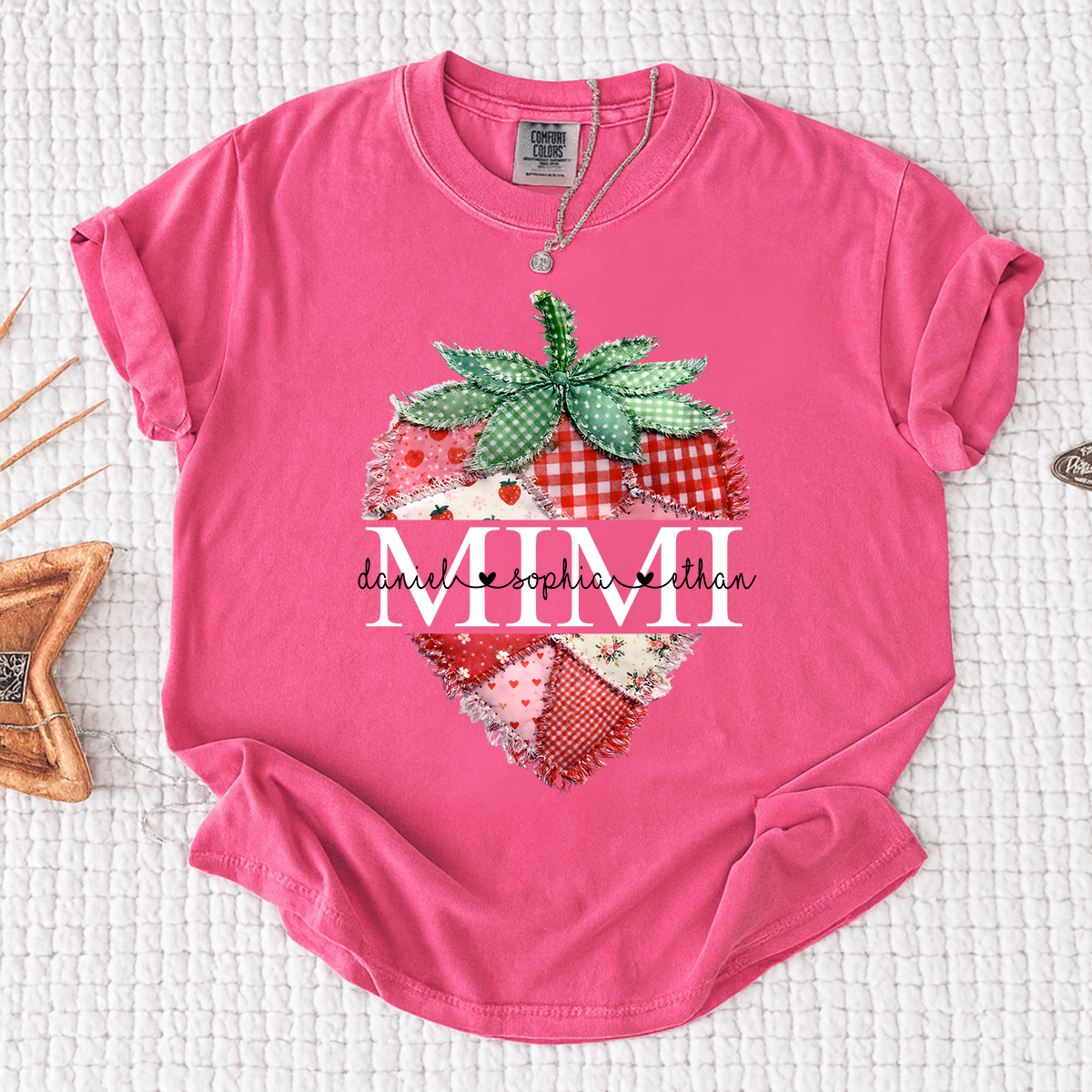 Comfort Colors Custom Mimi Strawberry Patchwork Tee, Personalized Grandma Shirt with Grandchildren Names, Birthday Christmas Family Gift
