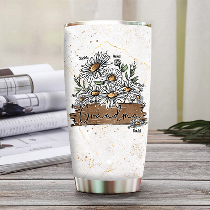 Personalized Water Cups, Custom Flower Daisy Grandma And The Kids. Portable Water Cup With Lid