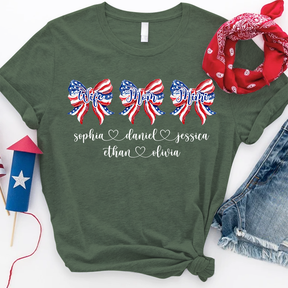 Custom Wife Mom Mimi Grandma Shirt, Patriotic Bow Tee with Family Names, Personalized Fourth of July Gift for Women