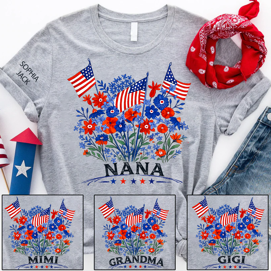 Personalized Nana Shirt Patriotic Floral American Flag Design Custom Grandma Mimi Gigi Name Tee with Grandkids Names Family 4th of July Outfit