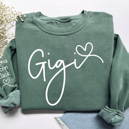 Custom Gigi Sweatshirt, Elegant Script Heart Design Personalized Names