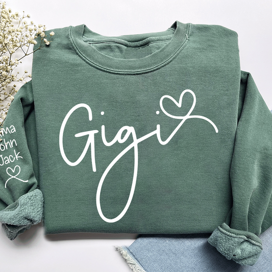 Custom Gigi Sweatshirt, Elegant Script Heart Design Personalized Names