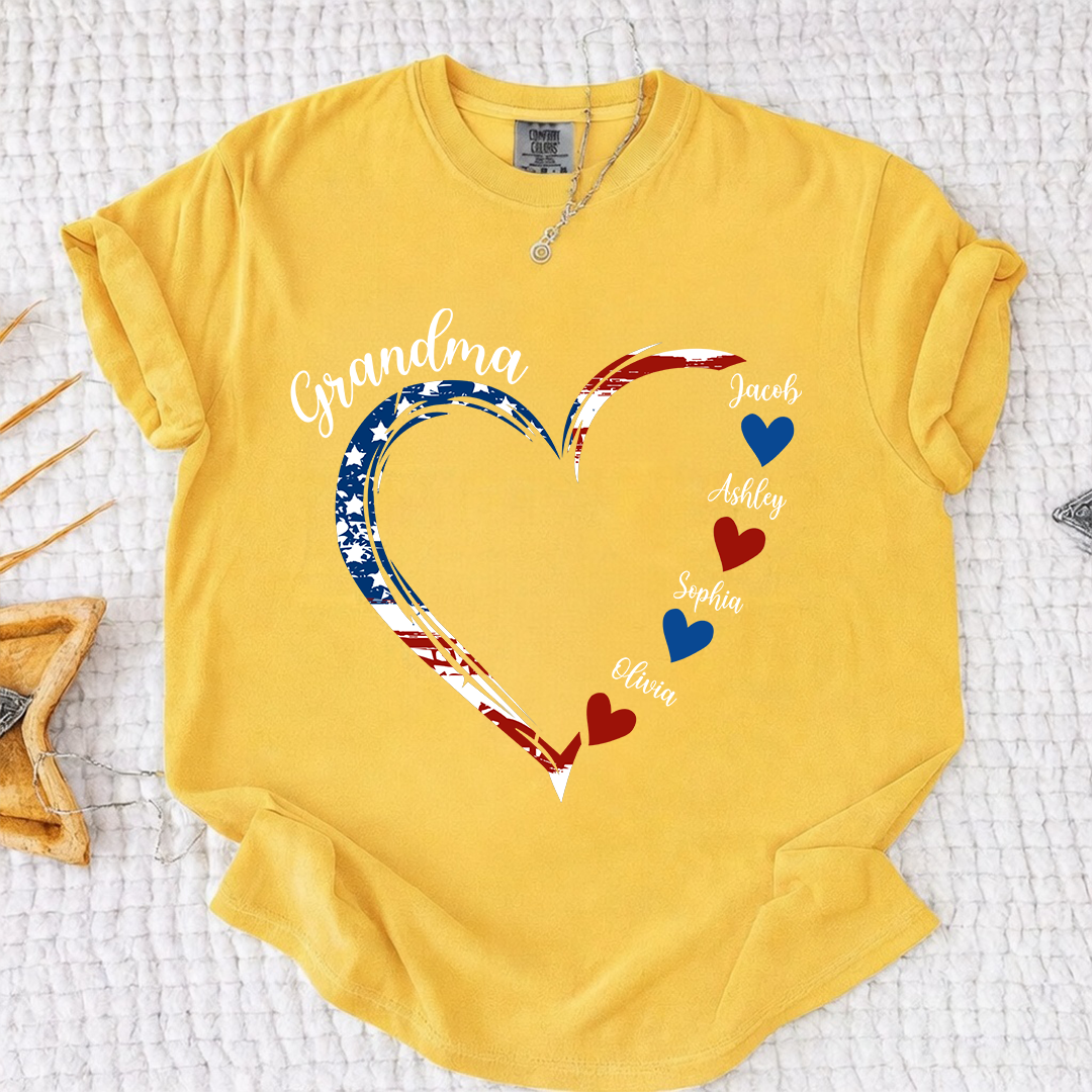 Comfort Colors Personalized Grandma Heart Shirt with Grandkids Names - Custom American Flag Heart Tee - Gift for Nana, Mimi, Gigi