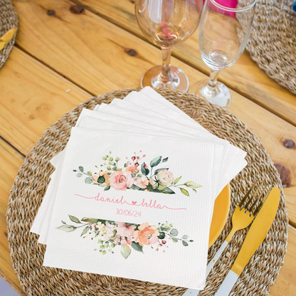 Elegant Floral Wedding Napkins with Personalized Names and Date - Perfect for Special Occasions