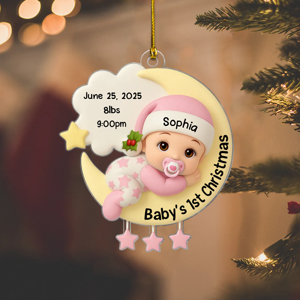 Personalized Baby’s First Christmas Ornament 2025 – Custom Name, Birth Stats & Newborn Moon Design Keepsake for New Parents Ornament