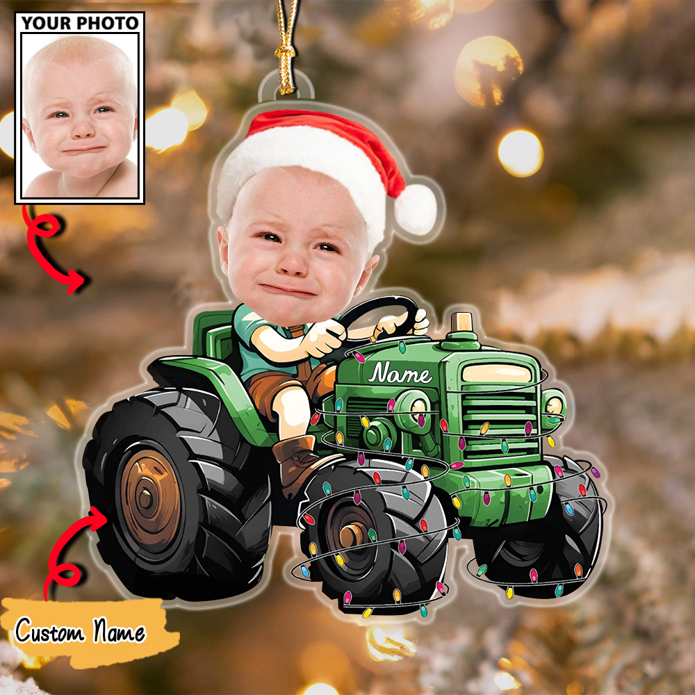 Baby Christmas Ornament, Custom Photo and Name Tractor Holiday Decoration
