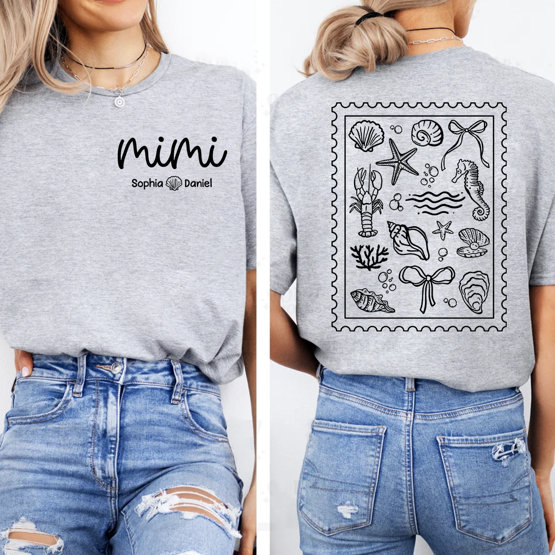 Custom Mimi Shirt with Grandchildren Names, Coastal Seashell Stamp Design Back Print Tee, Beach Lover Gift for Women