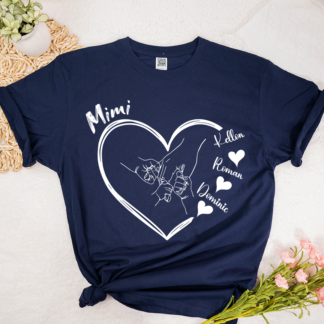 Personalized Mimi Shirt with Grandkids Names, Hands Holding Heart Graphic Family Tee
