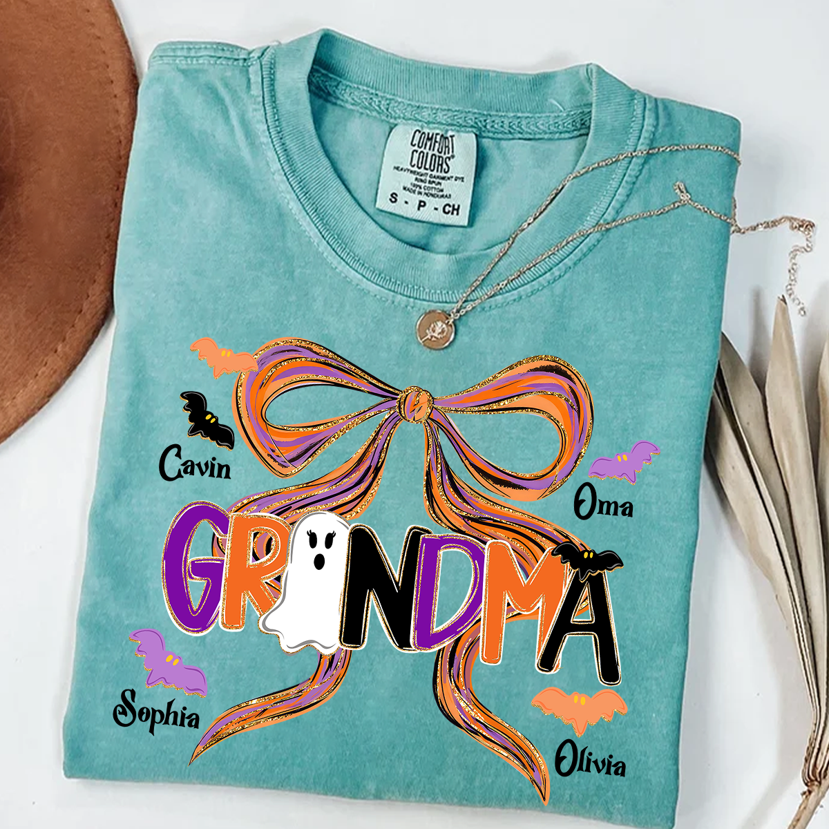 Comfort Colors® Personalized Halloween Grandma T-Shirt, Cute Ghost & Bat Design with Grandkids' Names