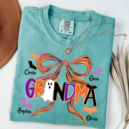 Comfort Colors® Personalized Halloween Grandma T-Shirt, Cute Ghost & Bat Design with Grandkids' Names