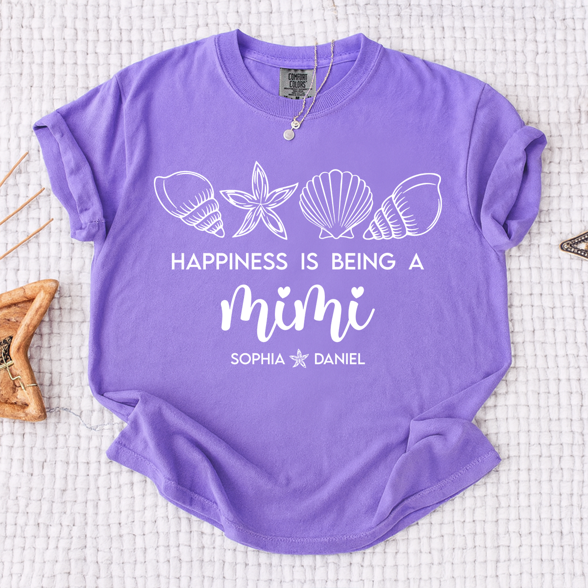 Comfort Colors Custom Mimi Shirt with Kids Names, Happiness Is Being A Mimi Tee, Personalized Grandma Beach Vacation Family Gift
