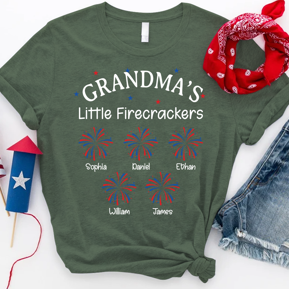 Grandma Little Firecrackers T shirt with Kids Names, Personalized Patriotic Shirt for 4th of July Family Gift