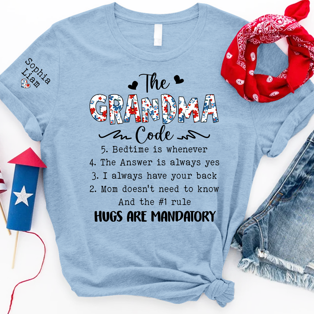 The Grandma Code T Shirt, Personalized Grandma Gift, Patriotic Design with Family Rules, Perfect for Mother’s Day, 4th of July Shirt