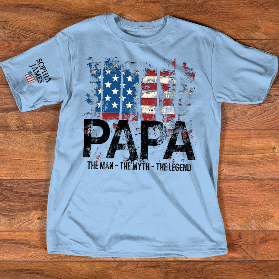 Custom Papa T-Shirt with USA Flag Graphic – Personalized Gift for Father Featuring Kids’ Names