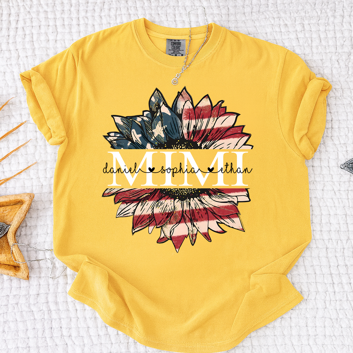 Comfort Colors Personalized Mimi Shirt Sunflower American Flag Design, Custom Kids Names Grandma T Shirt