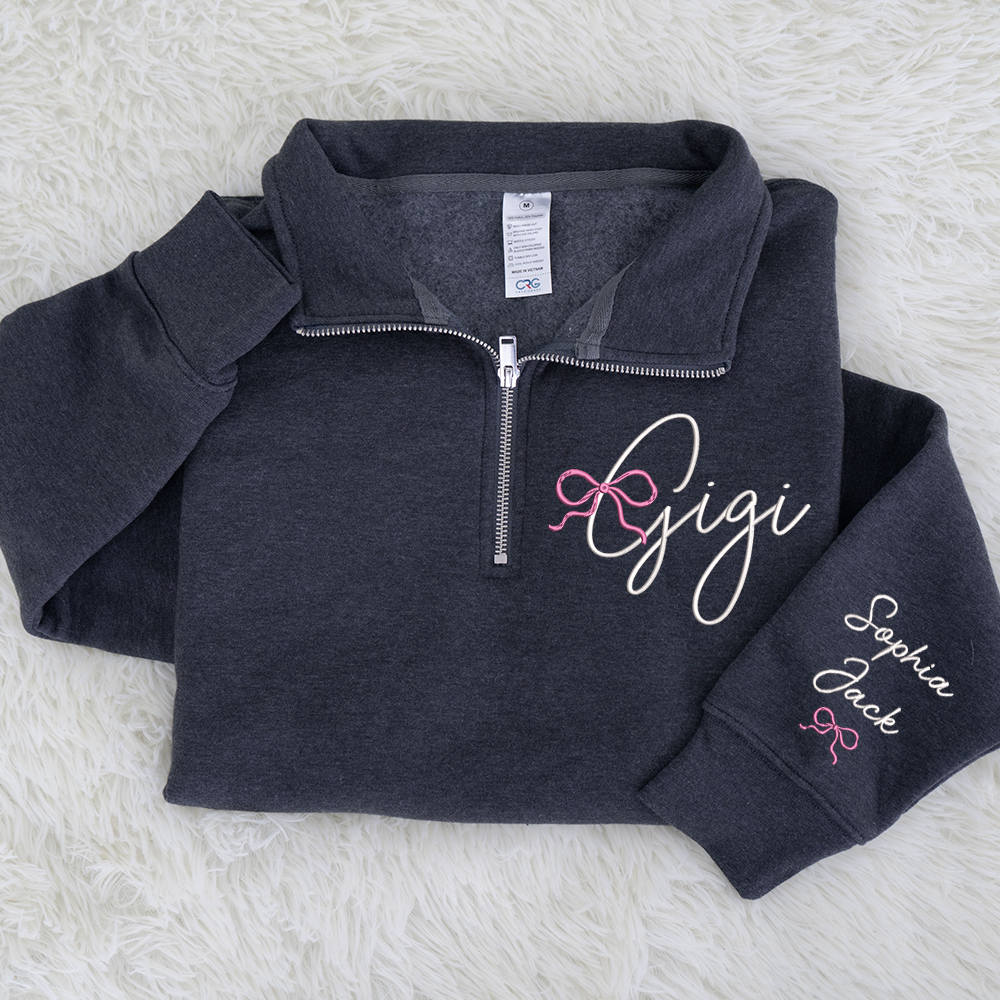 Custom Gigi Embroidered Quarter Zip – Personalized Sweatshirt For Grandma Or Gigi With Kids Names And Pink Bow Design
