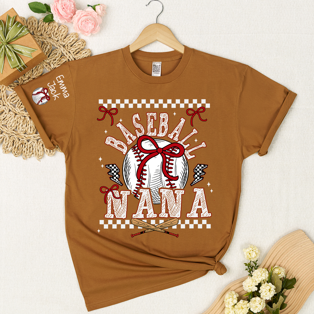 Baseball Nana T-Shirt, Personalized Nana T-Shirt with Bow and Vintage Baseball Design