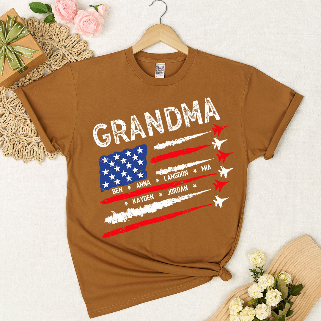Patriotic Grandma Shirt with American Flag and Fighter Jet Design for 4th of July