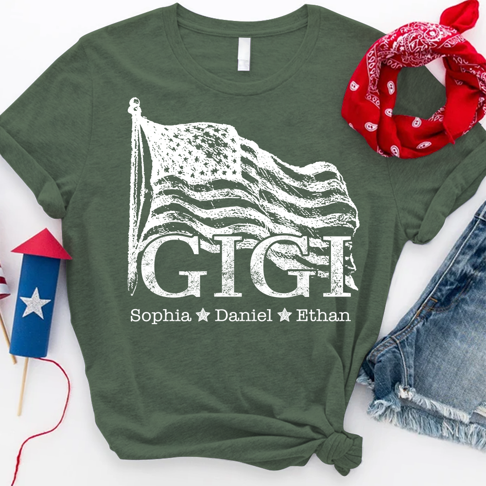 Gigi USA Flag T shirt, Personalized with Kids' Names, Custom Family Shirt for 4th of July
