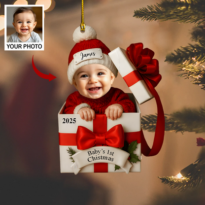 Personalized Baby’s 1st Christmas Ornament 2025 – Custom Photo Gift Box Ornament, Baby Face Christmas Keepsake