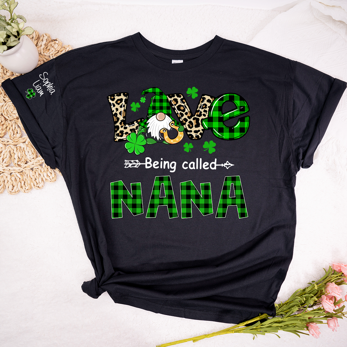 Nana St Patrick’s Day Shirt, Love Being Called Nana with Shamrocks and Gnome, Custom Grandma Shirt from Kids