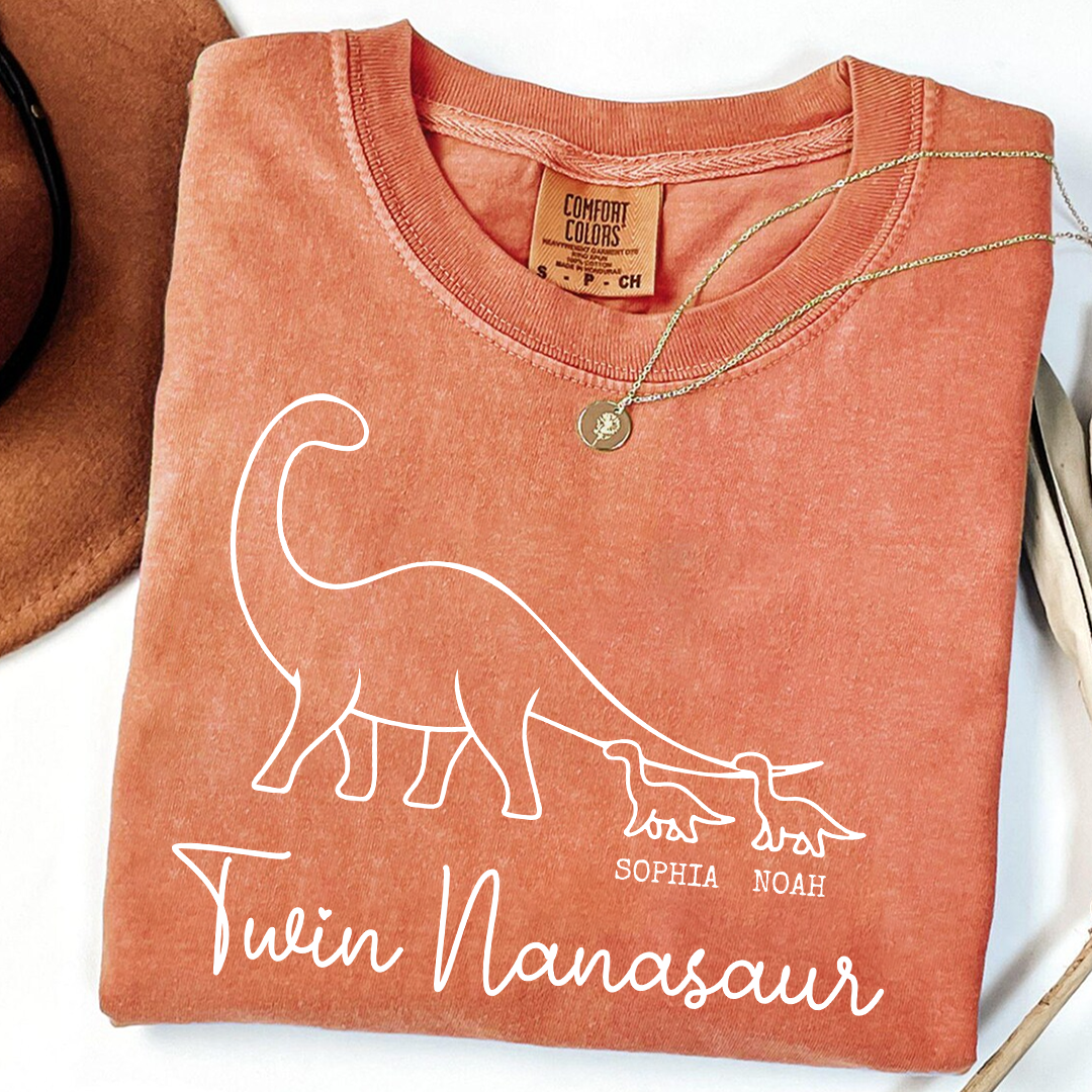Comfort Colors® Twin Nanasaur Shirt, Personalized Dinosaur Grandma Tee, Custom Grandkids Names T Shirt, Fun Dino Grandma Gift