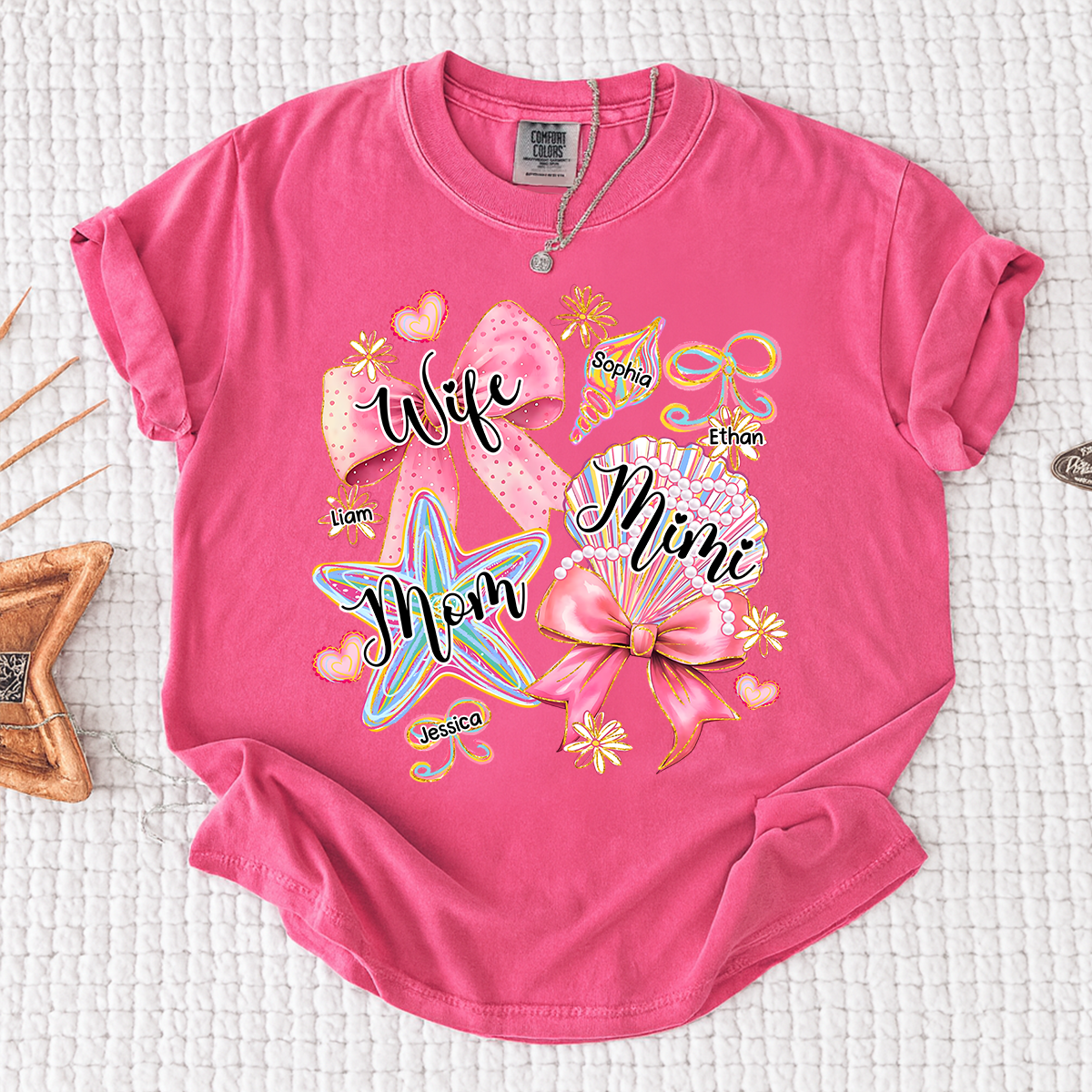 Comfort Colors Personalized Wife Mom Mimi Beach Shirt with Grandkids Names, Custom Grandma Coastal T Shirt for Women, Summer Family Vacation Gift