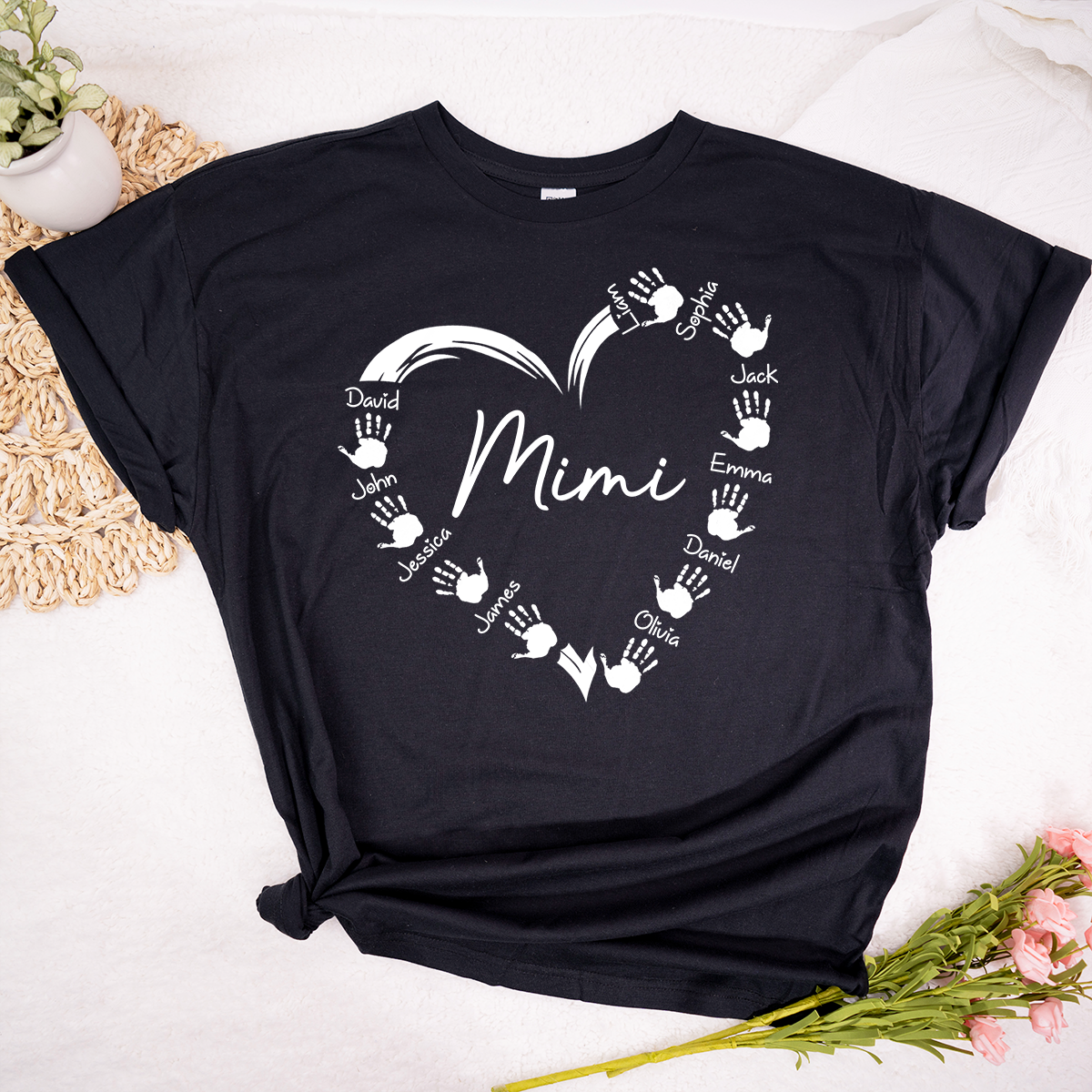 Personalized Mimi Shirt with Grandkids Names, Custom Handprint Heart Mimi T-Shirt for Grandma