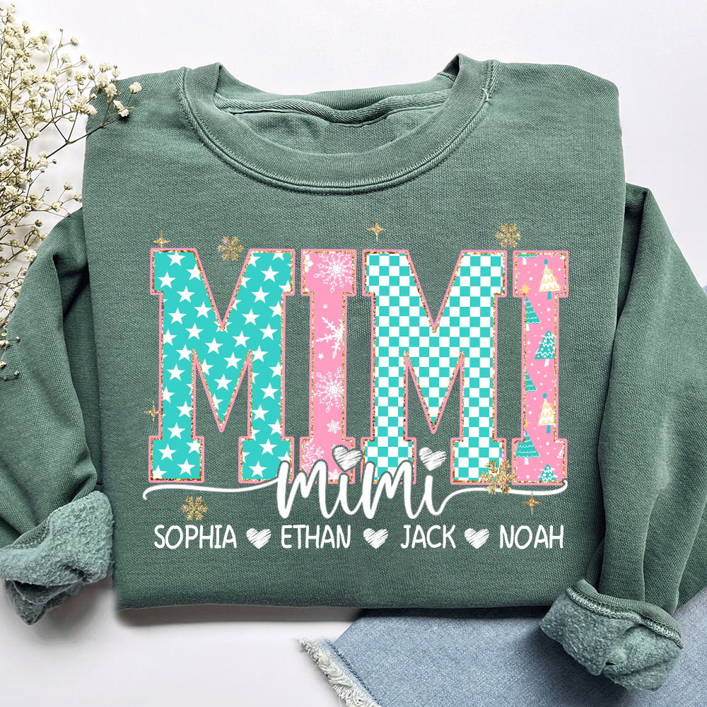 Personalized Mimi Christmas Sweatshirt, Custom Holiday Tree Shirt with Kids Names