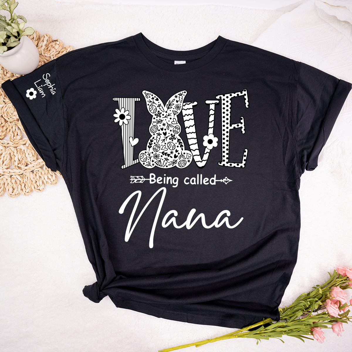 Personalized Love Being Called Nana Shirt With Bunny Art, Easter Grandma Nana Tee