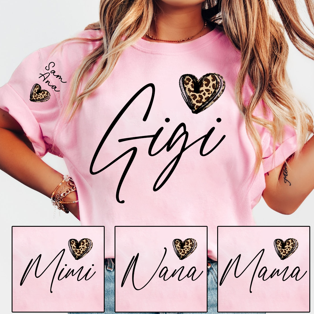 Personalized Gigi Heart Leopard Print T-shirts Custom Family T-Shirt with Heart Shape and Name
