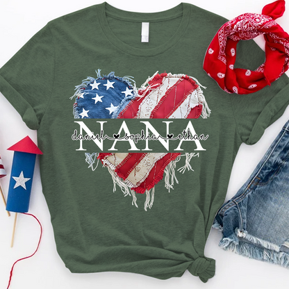 Personalized Nana T Shirt, Custom American Flag Heart Design with Family Names, Patriotic Gift for Nana