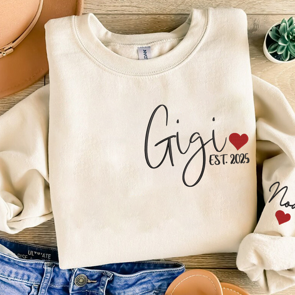 Embroidered Women's Sweatshirt with Heart, Gift For Gigi And Kids