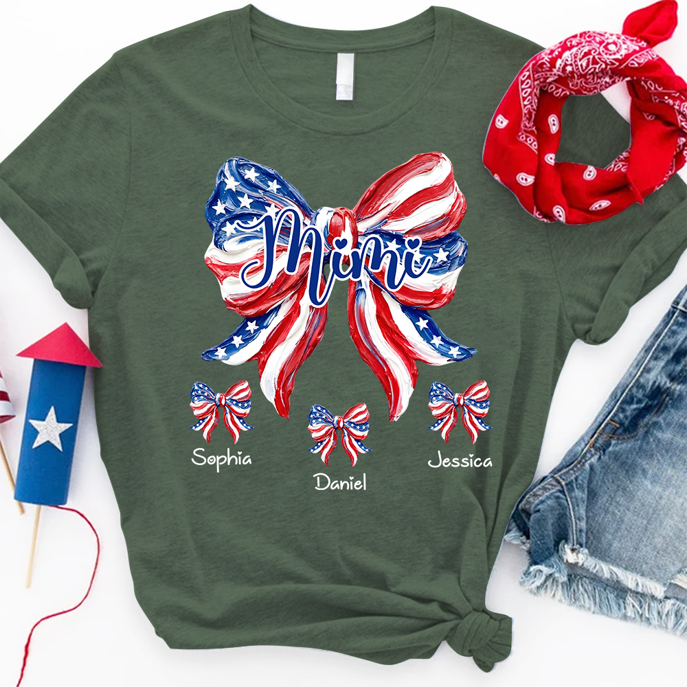 Patriotic Mimi Shirt for Grandma, Custom USA Flag Bow Tee, Personalized Family Names Summer Holiday Gift