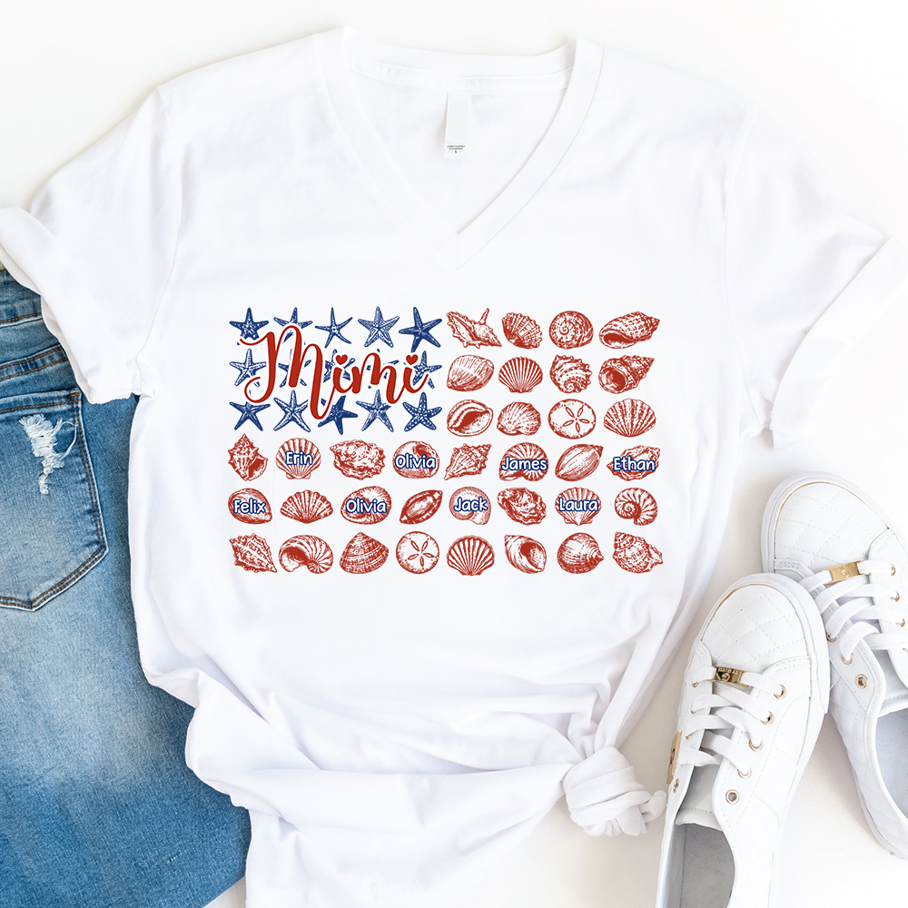 Mimi Shell Collection Shirt, Personalized Grandma T-Shirt with Grandkids Names, Coastal Summer Gift for Mimi V-Neck