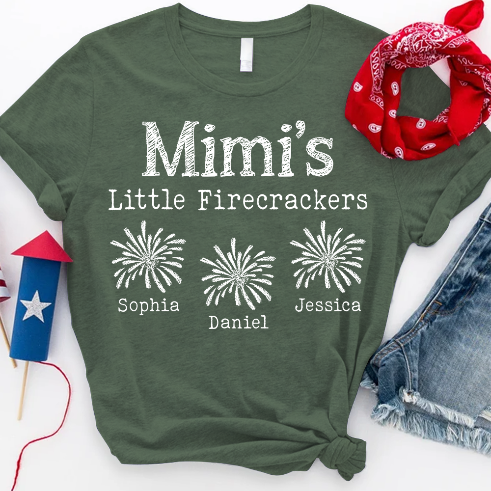 Mimi's Little Firecrackers Personalized T Shirt with Custom Kids' Names, Perfect for Independence Day