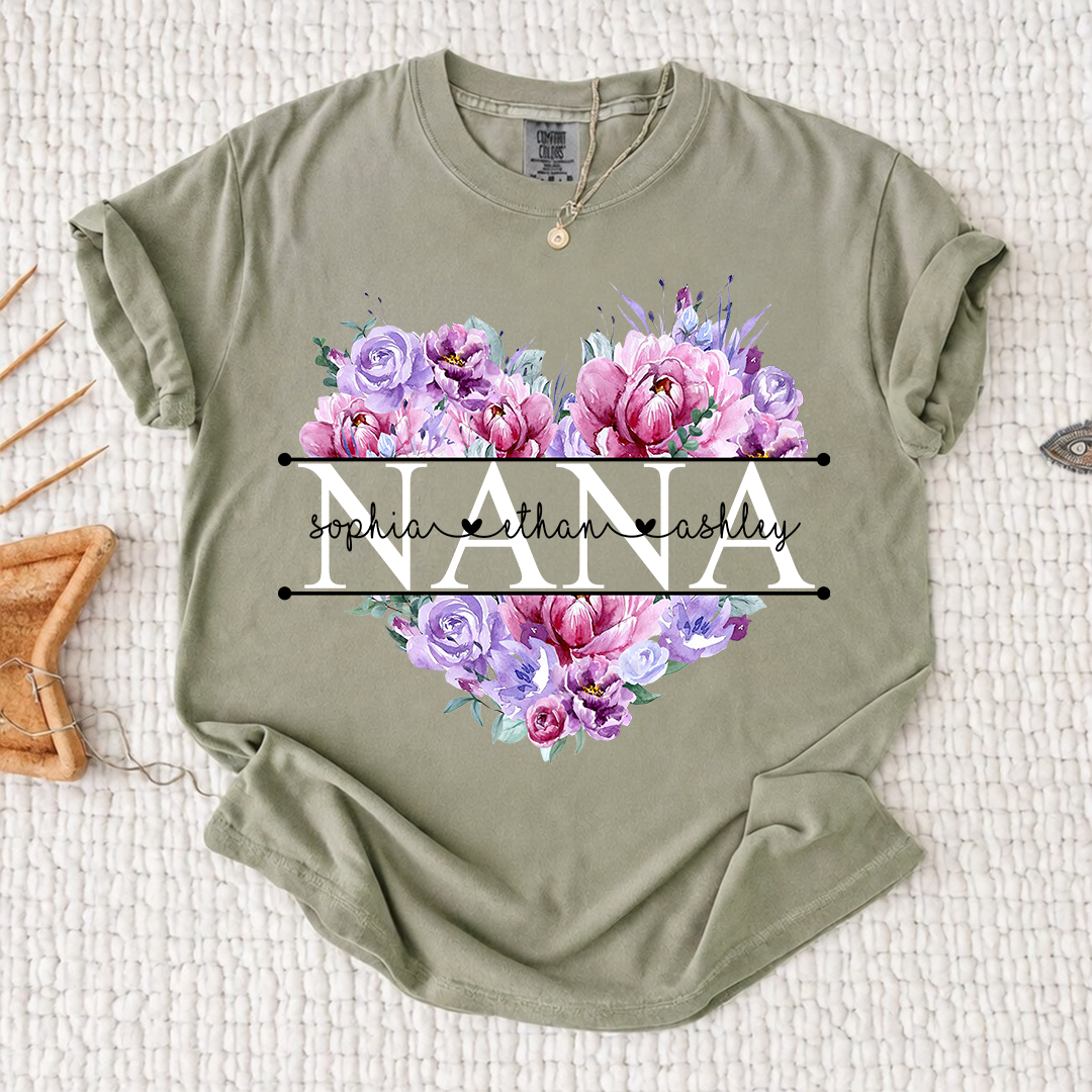 Comfort Color Personalized Nana Shirt Purple Floral Heart Design Custom Grandma Mimi Gigi Name Tee with Grandkids Names Elegant Family Outfit for Women