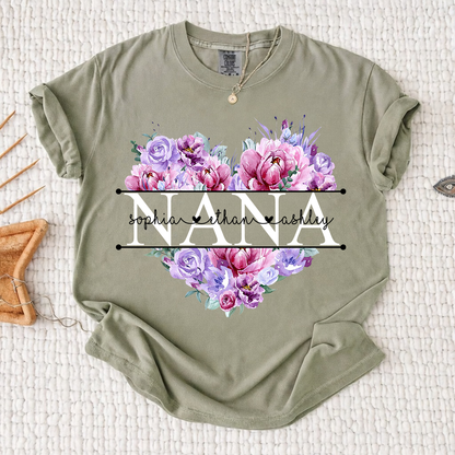 Comfort Color Personalized Nana Shirt Purple Floral Heart Design Custom Grandma Mimi Gigi Name Tee with Grandkids Names Elegant Family Outfit for Women