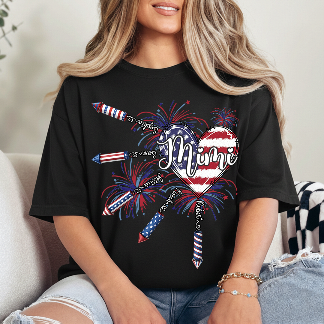 Patriotic Mimi Shirt with Firework Heart and American Flag Design for 4th of July