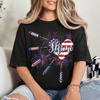 Patriotic Mimi Shirt with Firework Heart and American Flag Design for 4th of July