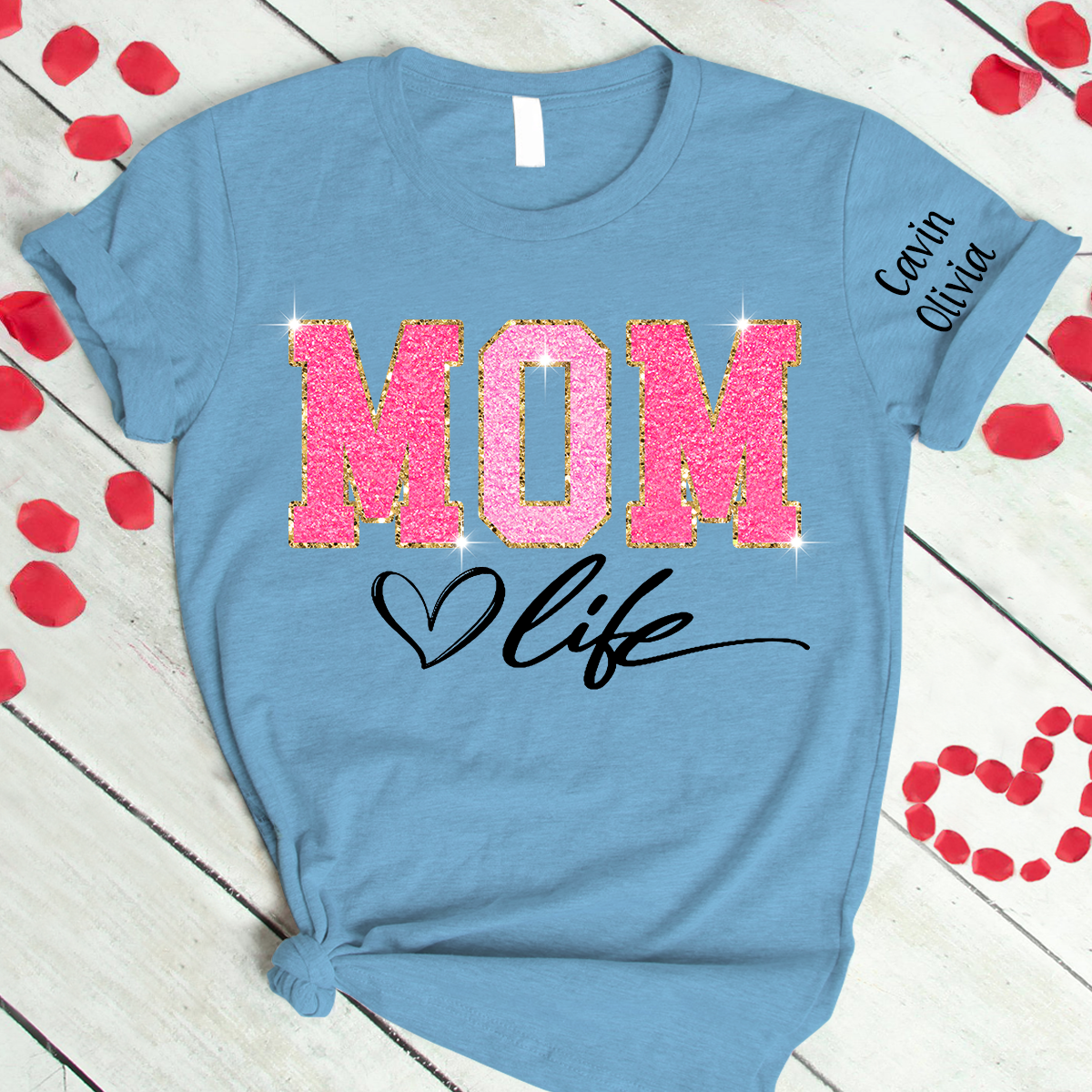Custom Mom Life Glitter Valentine 2024 T-Shirt