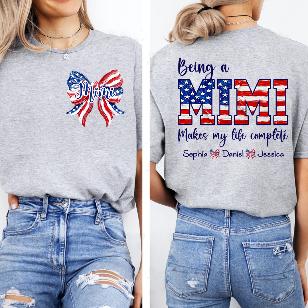 Personalized Mimi Patriotic Shirt, Being a Mimi Tee with Kids Names, American Flag Bow Graphic Gift